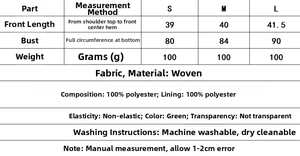 Detailed size chart for green backless short set including chest and length measurements
