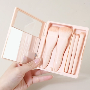 Pink 5pcs travel makeup brush set with mirror storage case for powder and eyeshadow