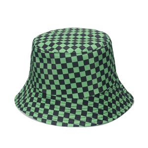Green and black checkerboard pattern bucket hat with classic fisherman sun cap style