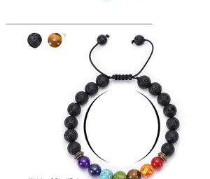 Adjustable 8mm lava rock and seven chakra bead bracelet showing dimensions and cord details
