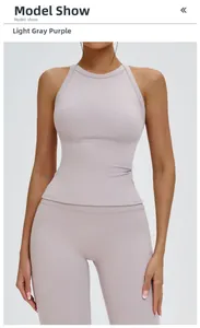 Detail of light grey purple yoga set showing racerback tank top and high waist leggings