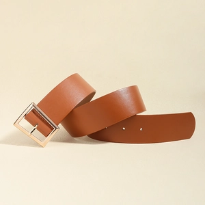 Elegant brown leather waist belt with square metal buckle for coats and dresses
