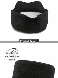 Detail view of the black cotton flat top military cap with elastic back closure for men
