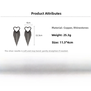 Detailed size chart showing black heart tassel earrings with dimensions of 11.3 by 4 centimeters