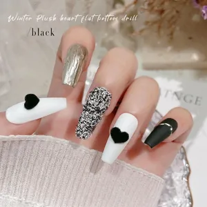 Winter luxury velvet heart nail art with 3D silver metallic and matte black designs