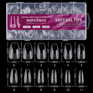 Size chart for 600pcs clear soft gel nail tips in 12 sizes with detailed measurements