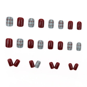 24pcs burgundy and plaid square press-on nails set with glossy finish for daily wear