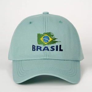 Mint green cotton baseball cap featuring Brazil flag embroidery and adjustable strap