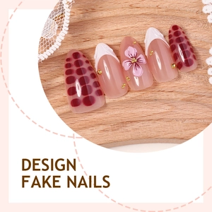 30pcs 3D floral leopard print pearl white French fake nails with rhinestones