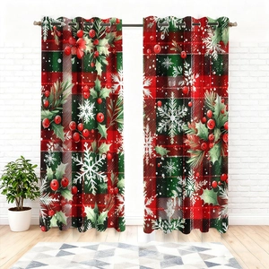 Detail of Christmas grommet curtains with red green plaid pattern and snowflake prints