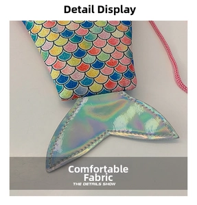 Detail of colorful sequin mermaid bag with laser finish fish tail and pink drawstring