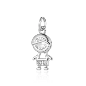 Macro shot of silver boy pendant with clear zircon stones on a white background