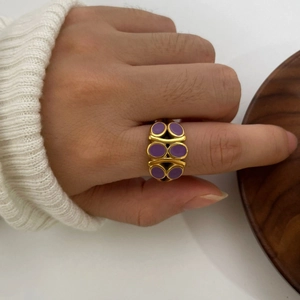 Luxurious gold stainless steel ring with four purple enamel ovals for women