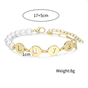 Detail view of heart bracelet length 17+5cm with LOVE metal charms and white pearls