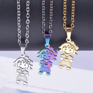 Three minimalist stainless steel girl necklaces in silver, gold and rainbow color finish