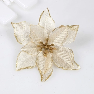 Artificial Christmas Poinsettia Flowers Fabric With Glitter Edges Shiny Multi Layer For Tree Wreath Decoration Party Ornament