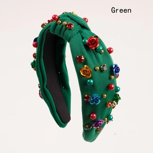 Fashionable green knotted wide headband with colorful floral roses and sparkling rhinestones