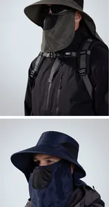 Detail of the breathable face mask and long neck flap on this outdoor sun protection hat
