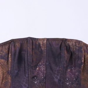 Close-up of neckline showing purple and brown snake print pattern on summer top