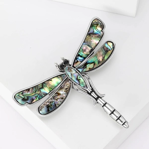 Vintage dragonfly brooch with rainbow abalone shell wings in silver metal setting