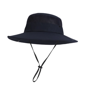 Men's outdoor wide brim sun hat in navy blue with breathable mesh and windproof chin strap