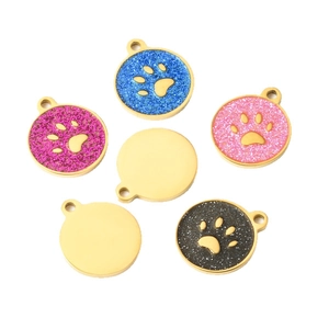 Colorful paw print pet tags in gold stainless steel with glitter finish and blank discs