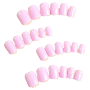 Glossy light pink press-on nails set with 24 pieces in various sizes on white background