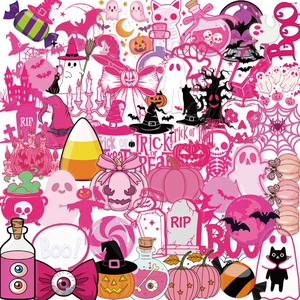 Pink Halloween Stickers Waterproof PET Transparent Cartoon Ghost Pumpkin Bat Decals For Scrapbook Laptop Guitar Journaling