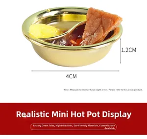 Miniature 4cm dollhouse hot pot model with realistic ingredients and gold metal finish