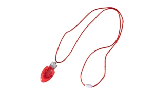 Macro detail of red bulb pendant necklace with matching red cord and silver base