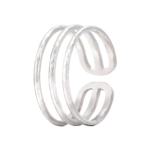 Minimalist silver hammered open ring with triple layered bands in stainless steel
