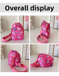 Detail views of pink kids crossbody bag with unicorn patterns from multiple angles
