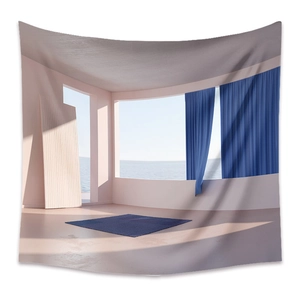 Detail showing high-quality polyester fabric edges and interior seascape print of the tapestry