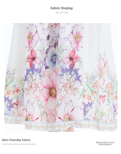 Close-up of lightweight white linen fabric with vibrant floral prints and lace details