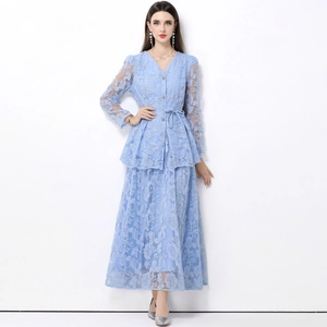 Light blue French V-neck lace maxi dress with lantern sleeves and belted waist details