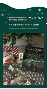 Close-up of Christmas kraft wrapping paper with festive patterns and a wooden floral stamp