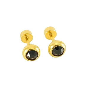 Elegant gold stainless steel stud earrings featuring round black crystals on white background