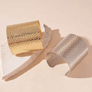 Minimalist wide open cuff bracelets with gold and silver honeycomb textured metal finish