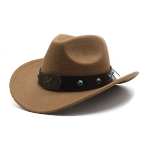 Classic brown felt western cowboy hat with leather turquoise bead band and star buckle