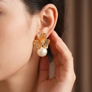 Vintage gold hollow flower earrings with zircon and large round white pearl pendant