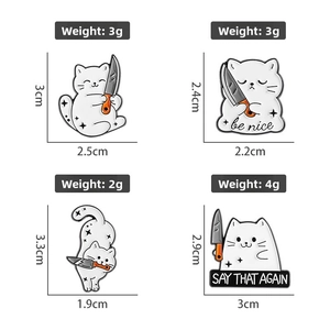 Detailed dimensions and weight of funny cartoon cat enamel pins with knife and dagger