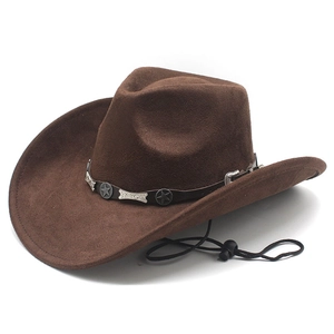 Western Cowboy Hat Faux Suede Wide Brim Adjustable Chin Strap Star Metal Leather Band Vintage Style For Men Women