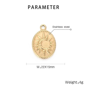 Detailed size view of oval stainless steel sun and moon pendant measuring 22x15mm