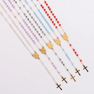 Colorful crystal bead Catholic rosary necklaces with gold Saint Benedict medal and cross
