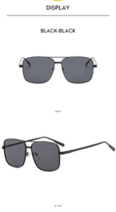 Front and 45-degree side views of black metal double-bridge square aviator sunglasses