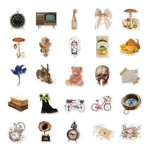 Macro shot of 25 vintage aesthetic waterproof stickers featuring coffee and retro patterns