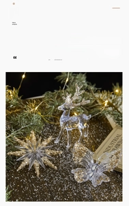 Macro detail of transparent acrylic Christmas elk, star and butterfly ornaments with gold glitter