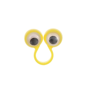 Close-up of yellow plastic googly eye ring toy with moving pupils for kids party favors