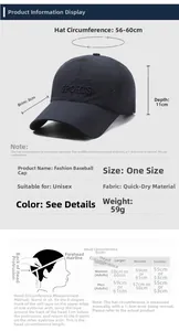 Guide des tailles détaillant les dimensions de la casquette de baseball respirante d'été