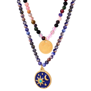 Bohemian 316L stainless steel layered necklace with blue enamel celestial star moon pendant